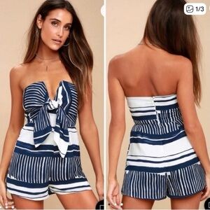 Lulu's Navy & White Striped Strapless Tie-Front Romper